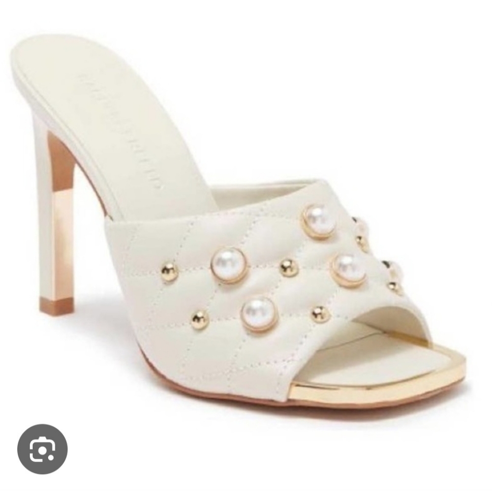 Karl Lagerfeld white slip on heels w/ pearls & gold accents size 6.5 (wedding)